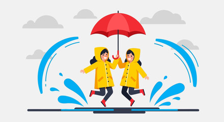 Celebrating National Friendship Day Two cheerful friends sharing an umbrella on a rainy day, embodying happiness and connection.