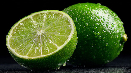 A close up of a sliced lime and a whole lime with water drops.