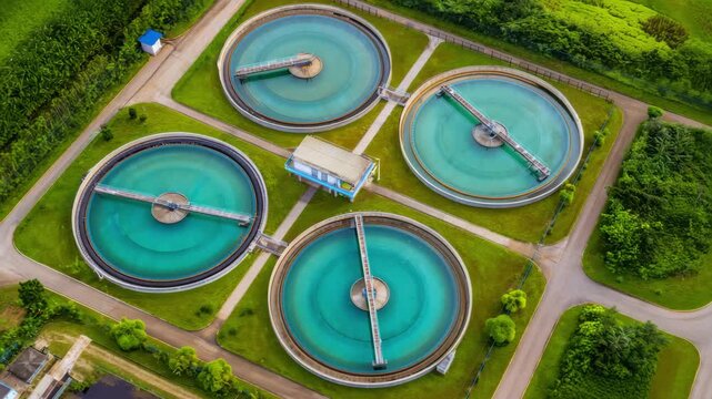 Aerial view of water treatment plant, circular sedimentation tanks, clean water processing, environmental infrastructure, wastewater facility, filtration system, industrial purification site