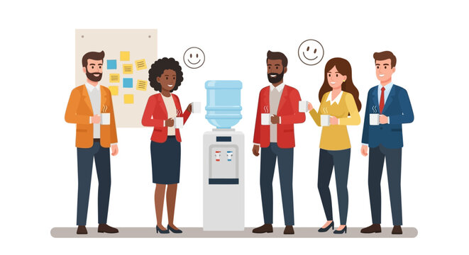 Celebrating national friendship day Happy colleagues share water cooler conversation, fostering workplace relationships and connections.