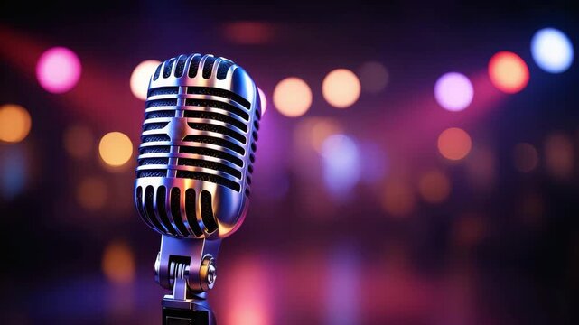 Vintage microphone on stage, colorful concert lights, live performance setting, retro audio equipment, music show atmosphere, vocal spotlight, entertainment venue, artistic expression - Powered by Adobe