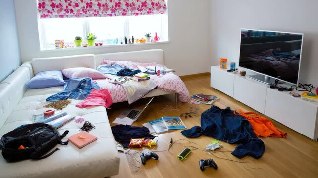 Messy bedroom interior, unmade bed with clutter, clothes and gadgets on floor, casual living space, teenage room chaos, indoor disorder, personal environment, real life scene