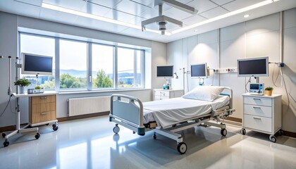 Clean hospital room with twin beds and panoramic window view.