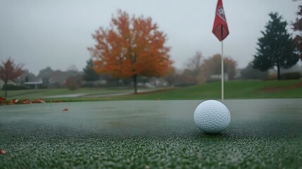 Golf ball on a wet putting green in autumn.