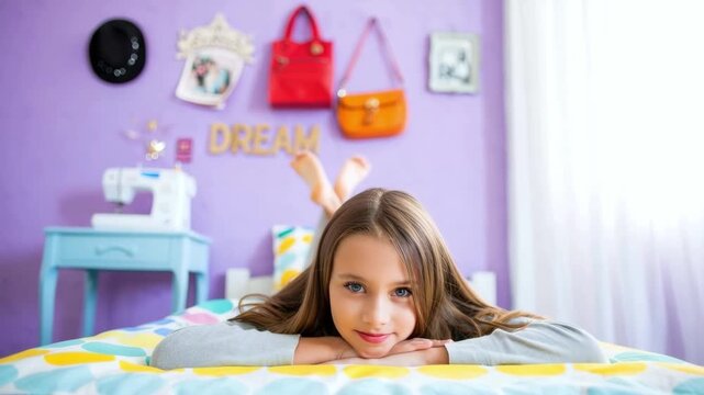 Girl lying on bed, cozy colorful bedroom, cheerful child relaxing, personalized room decor, creative wall design, childhood comfort space, dreamy atmosphere, home interior