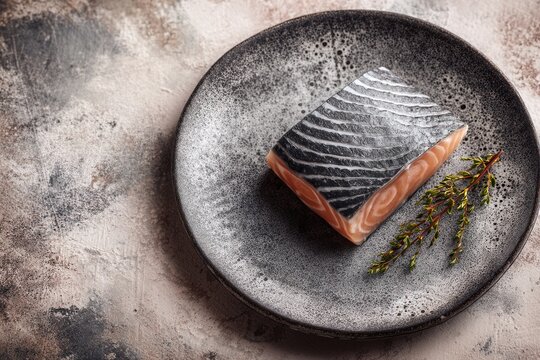 Smoked omul fillet elegantly presented on cool slate grey plate for a culinary experience in siberia
