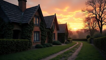 Charming brick cottages nestled along a green lawn, bathed in warm sunset light.