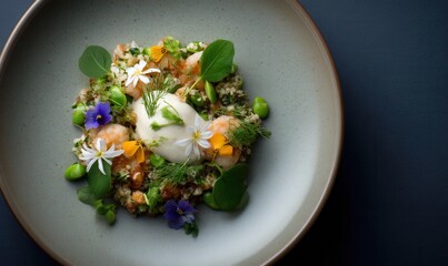 Culinary canvas by Yonatan Roshfeld featuring shrimp, bulgur, blossoms and a dream