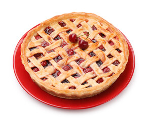 One tasty cherry pie isolated on white
