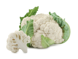 One fresh cauliflower head and piece of floret isolated on white