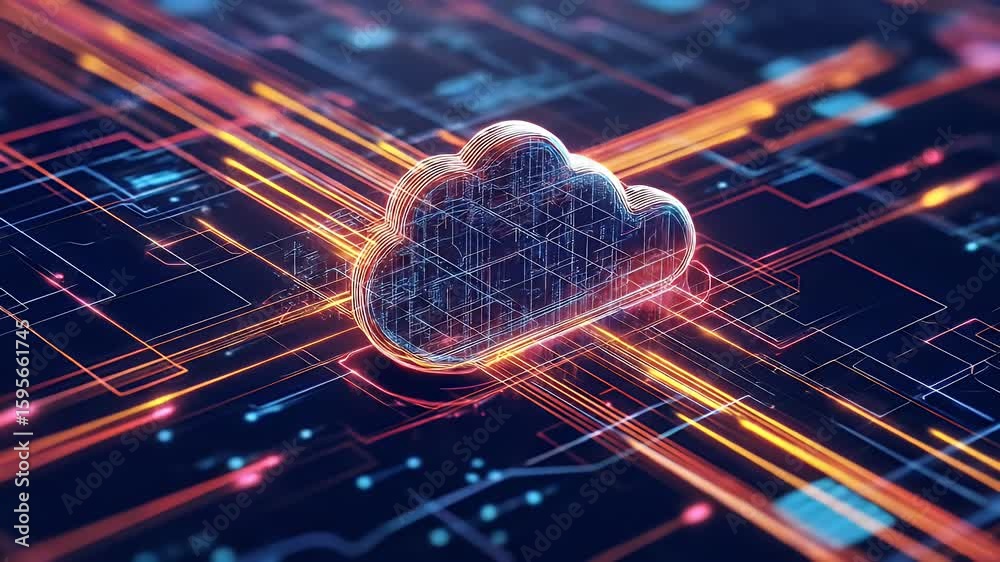 Poster glowing cloud data structure in digital circuit pattern with orange and blue lights symbolizing conn