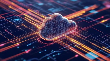 Glowing cloud data structure in digital circuit pattern with orange and blue lights symbolizing connectivity and cloud computing - Powered by Adobe