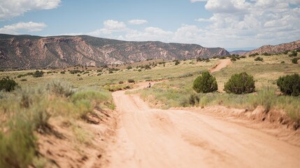Desert road leads to distant mountains under blue sky, dotted with green shrubs