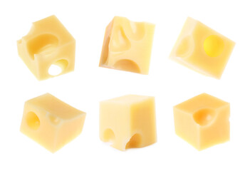 Cubes of fresh cheese on white background, collage