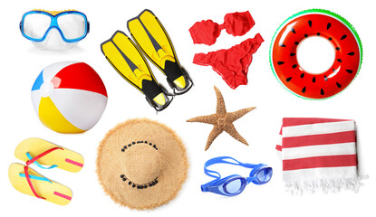 Different stylish beach accessories and starfish on white background, collage