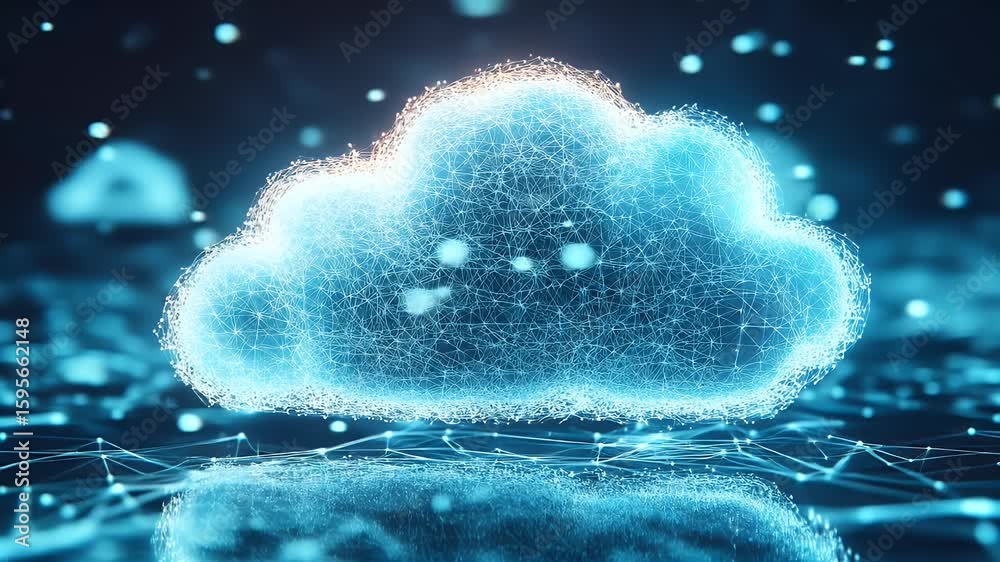 Poster abstract glowing cloud formation against a dark background symbolizing digital concepts and data sto