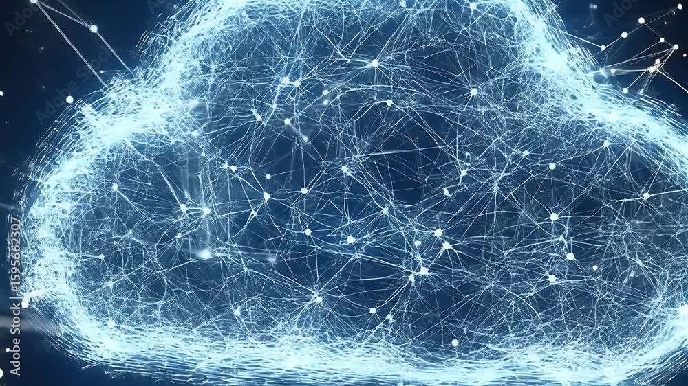 Poster glowing cloud-shaped network with connected dots on a dark background representing data transfer and