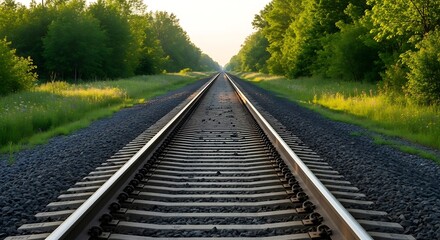 Fototapeta premium Straight railroad tracks stretching through a green forest landscape perspective with journey