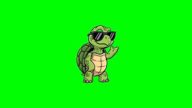 Cartoon Turtle Wearing Sunglasses Waves on Green Screen
