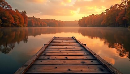 Fototapeta premium Peaceful autumn sunrise over a serene lake with a wooden dock extending into the water.