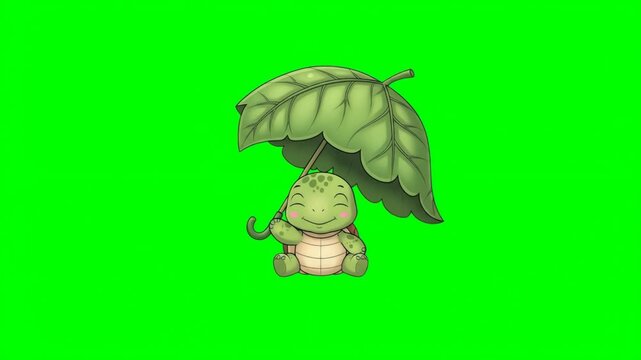Adorable Cartoon Turtle with Leaf Umbrella on Green Screen