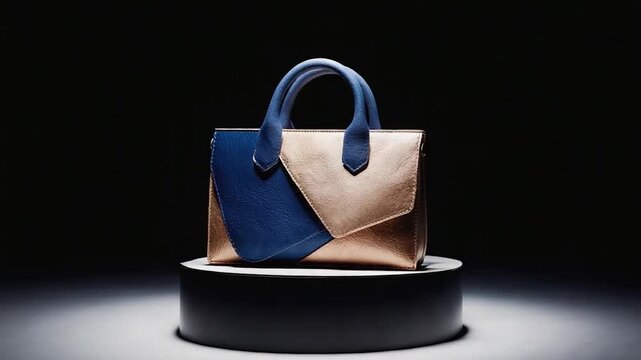 A  stylish handbag,  dark blue and rose gold leather,  rests on a black pedestal against a dark background