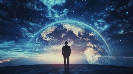 Silhouette of man standing against glowing Earth and starry sky. Cosmic vision, global perspective, business leadership, exploration concept.