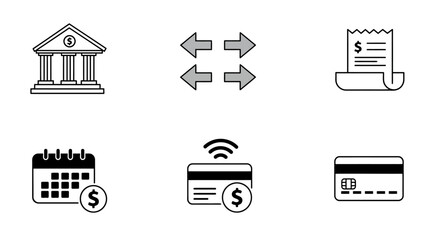 Flat Finance & Payment Icon Set – Bank, Transfer, Receipt, Card
