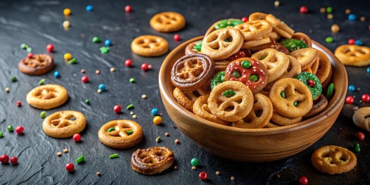 A bowl of colorful Danish butter cookies and sugar pretzels scattered on a dark background, capturing the playful and whimsical nature of these treats , sukker kringler, baked goods