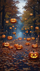 Autumn forest clearing with glowing carved pumpkins and colorful fall leaves