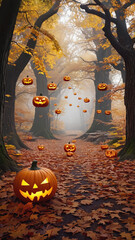 Autumn forest clearing with glowing carved pumpkins and colorful fall leaves