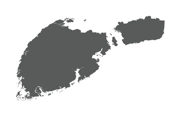 A gray landmass with jagged edges and a peninsula extending to the right on a white background plain map