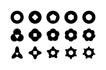 Geometric flower icons set. Cutout core shape icon collection. Set of bloom, modular floral, coin abstract decorative logo. Vector technology inspired modern simple symbol logo illustration pack
