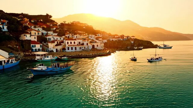 a calm sunrise over a Greek island bay, small boats on clear water, drone view