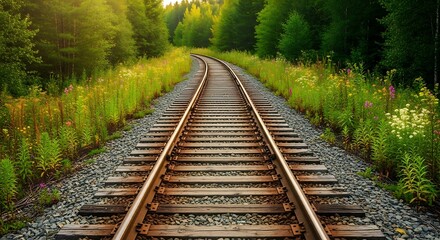 Fototapeta premium A captivating view of a railway track curving through a vibrant green forest landscape