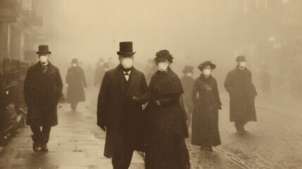 London’s 1873 smog crisis: masked citizens navigating dense fog in eerie silence