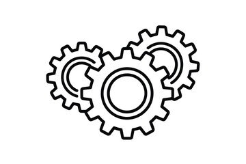 A minimalist illustration of three interlocking gears in black outline on a white background design element