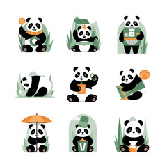 Naklejka premium Vector illustration of various pandas with food and objects in simple style