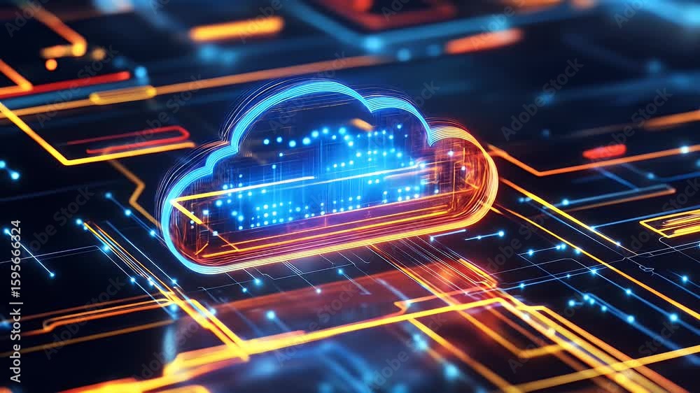 Poster abstract digital cloud computing concept with glowing lines and circuits. futuristic blue and orange