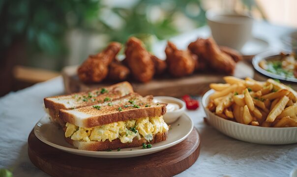 A cozy Friday brunch spread: egg mayo sandwich on toasted bread, homemade crispy French fries, and four golden crispy chicken wings - Powered by Adobe
