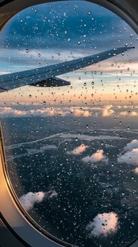 Breathtaking sunset view from an airplane window during a rainy flight over the landscape