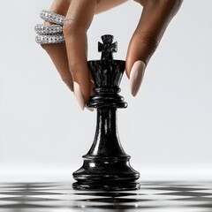 Hand Holding Black King Chess Piece on Board