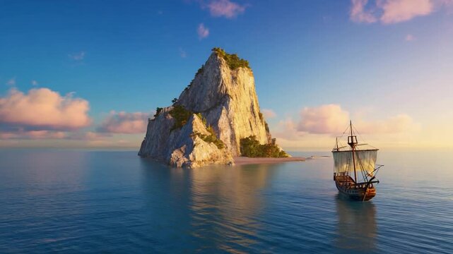 A tranquil island vista at sunset. A large, rocky island rises majestically from the cerulean sea. Lush vegetation graces the summit, while a sandy beach rests at its base. 