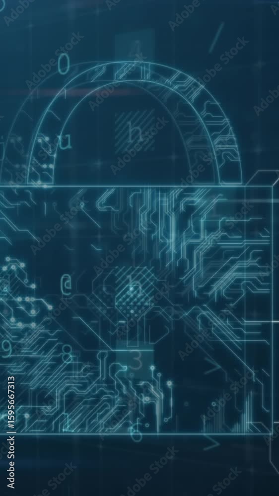 Poster animation of security padlock and data processing over navy background