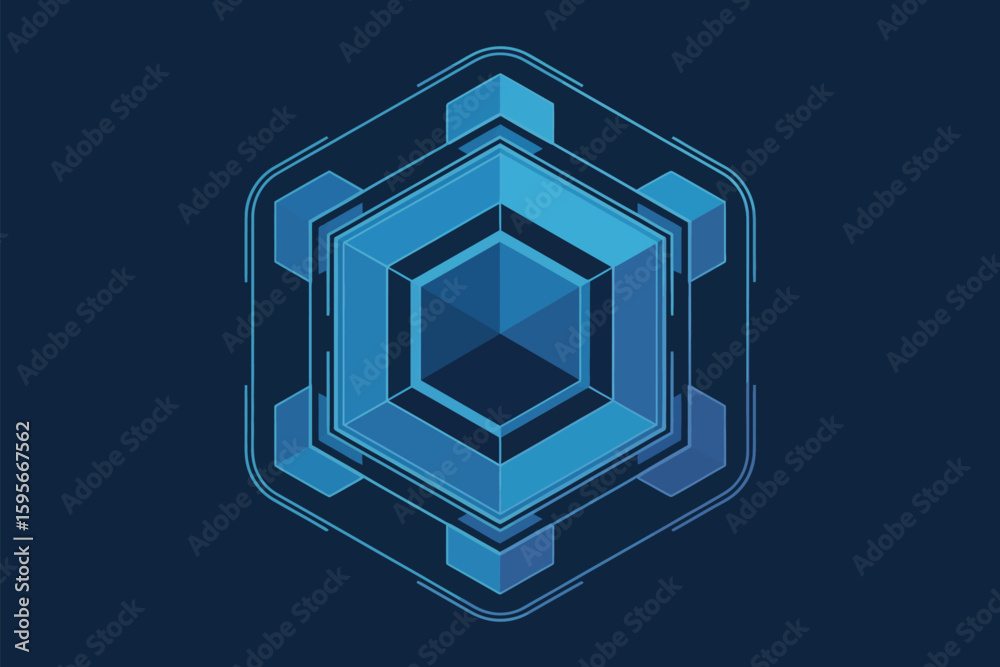 Fototapete Blue abstract futuristic cube with geometric shapes and lines on a dark blue background design element