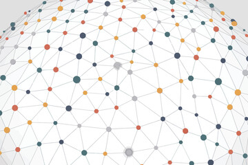A complex network of interconnected nodes forming a spherical shape with diverse colored points and lines