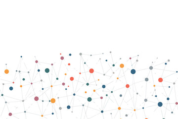 A network of colorful dots connected by lines on a white background creating a modern graphic design