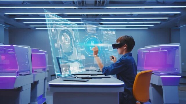 A young person in VR headset interacts with holographic displays in a futuristic lab setting