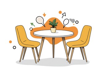 Two yellow chairs and oval table with plant and abstract shapes