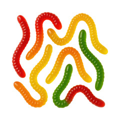 Obraz premium Colorful Assorted Gummy Worms Fruit Flavored Jelly Candy Sweets for Kids and Parties, Isolated on Transparent and White Background